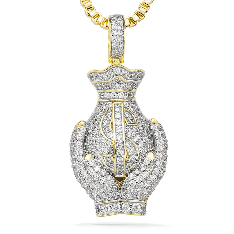Jasen Jewelry Exclusive Design Lab Diamond 925 Sterling Silver Double Hands and Money Bag Iced Out Pendant