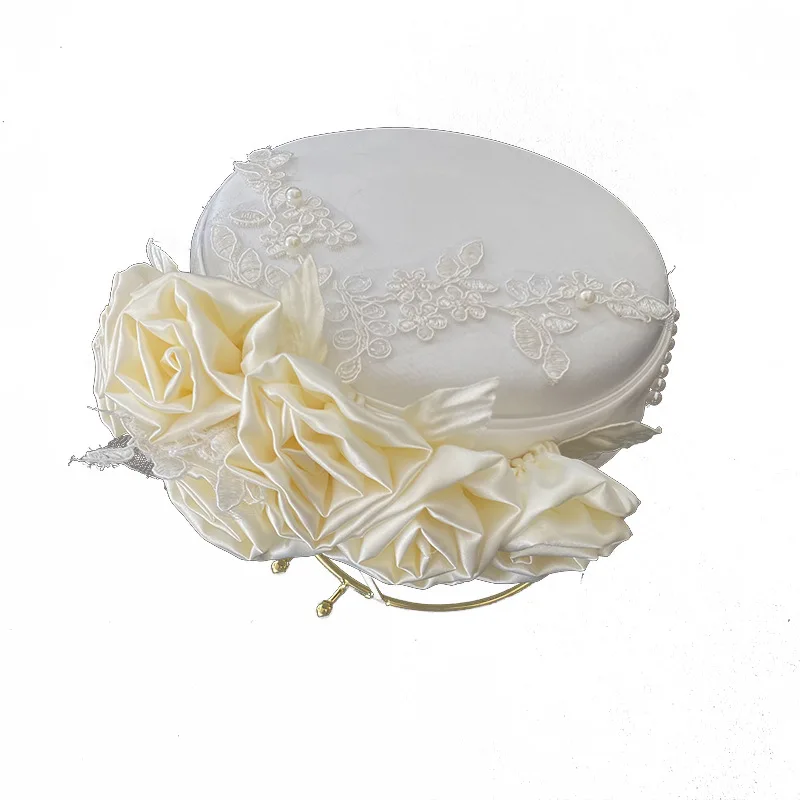 Pearl Champagne Flower Embroidery Top Hat Bridal Wedding Hepburn Style Gloves Women Winter Banquet Elegant Caps