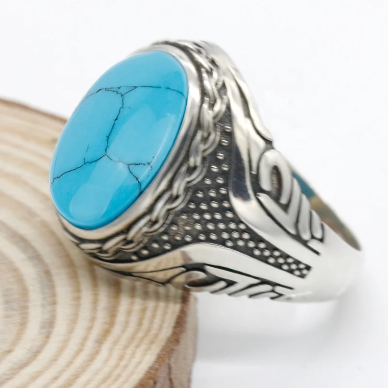Wholesale S925 Silver Blue Turquoise Stone Rings for Men Turkish Jewelry
