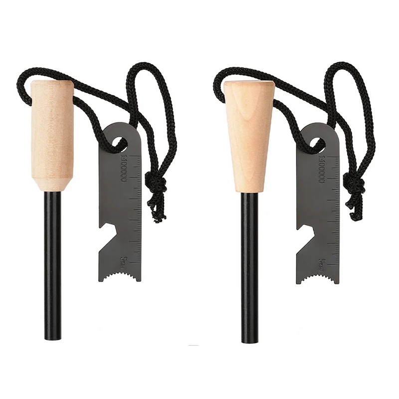 SABADO Outdoor Camping Emergency Quick Ferro Rod Wooden Handle Leather Cord Flint Stone Firestarter Magnesium Fire Starter