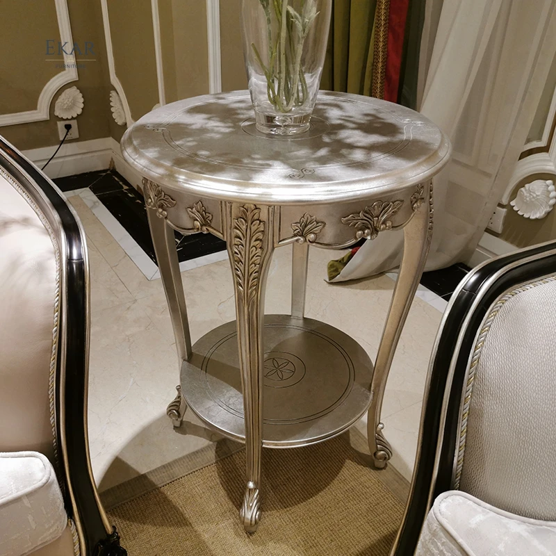 Luxury French Style Classic Living Room Furniture Carved Gray Round MDF Top Wooden Sofa Side Table Antique Corner Table