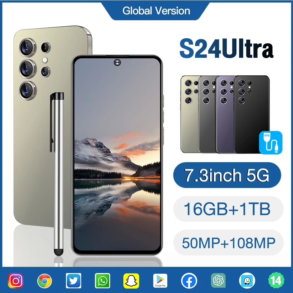 OEM S24 Ultra AI Cell Phone 16GB 1TB Smart Stylus New Arrival Wireless Charging Face ID 108MP Exquisite French English Smart