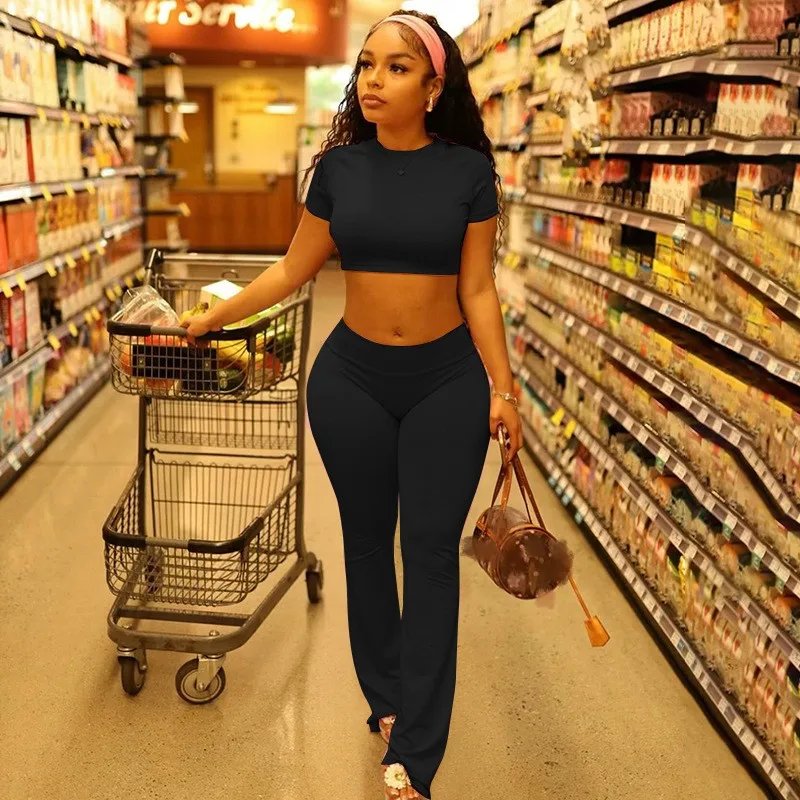 2024 Summer New Short sleeved Round Neck Short Top Elastic Waist Long Pants Casual Two Piece Set