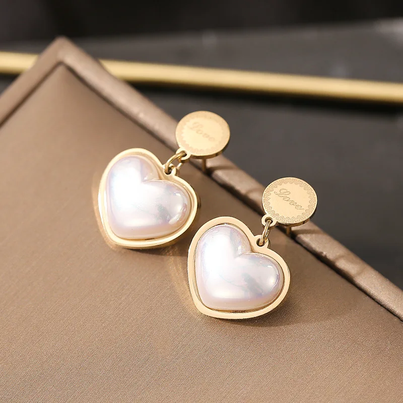 Korean Style Fashion 18K Gold Plated Stainless Steel LOVE Heart Earrings Studs Pearl Earring For Women