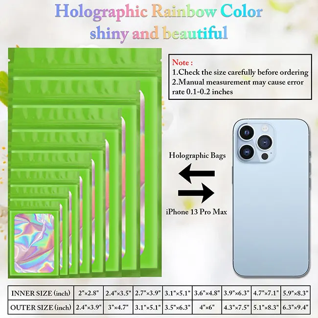 Custom Logo Ziplock Resealable Smell Proof Holographic Glitter Zip Lock Mylar Plastic Bags With Windows Green For Jewelry