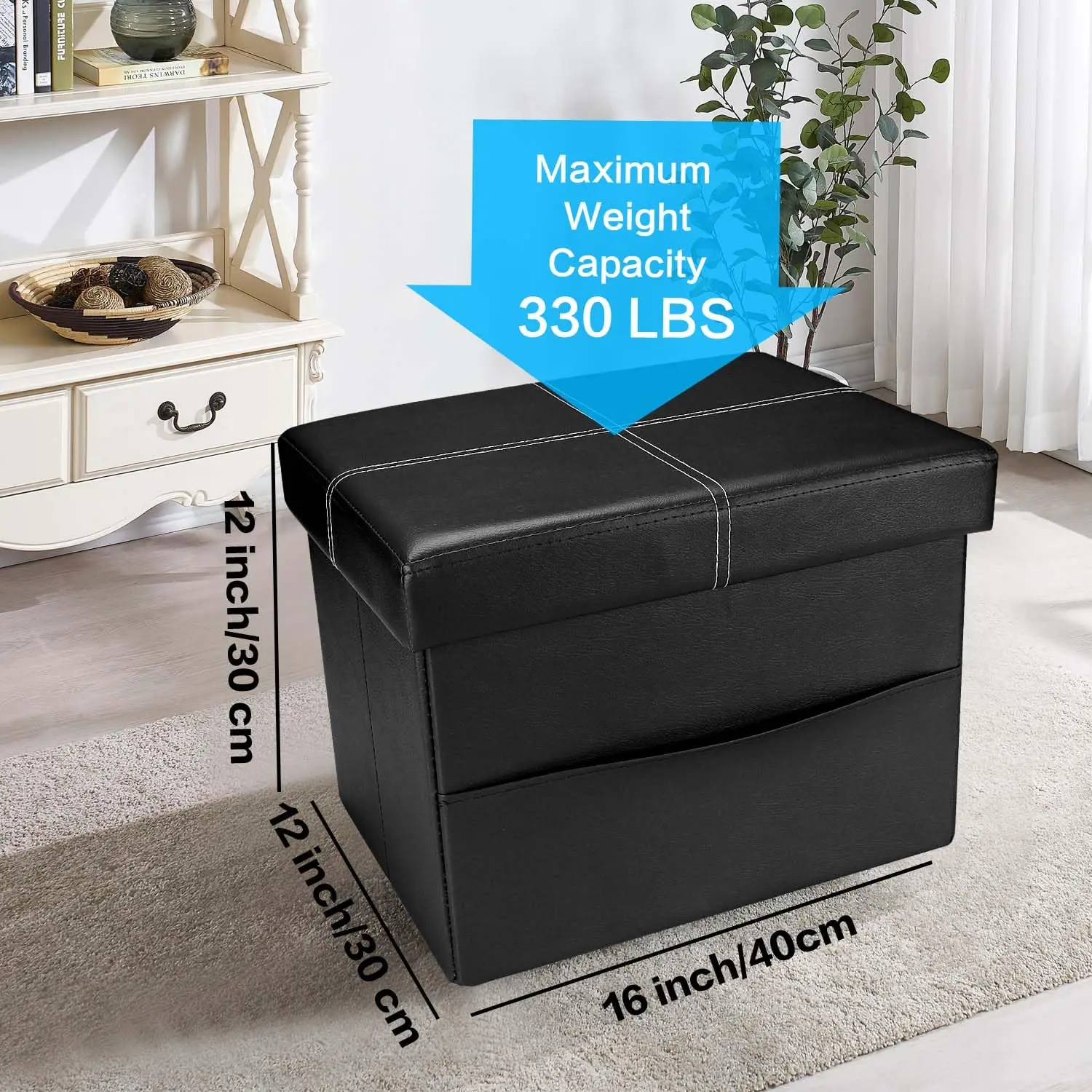 Black Leather Stool with Thicker Foam Padded Seat Small PVC Storage Ottoman Bench Foot Rest with Side Pocket for Living Room