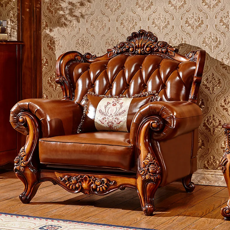 European leather sofa solid wood carved flower head layer cowhide high-grade American sofa