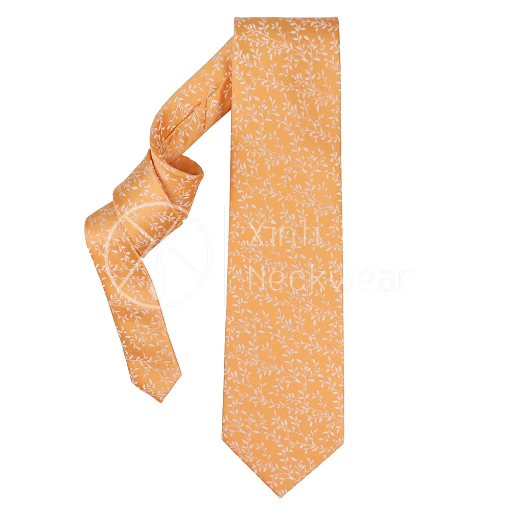 Formal Design Custom Floral Pattern Polyester Woven Jacquard Mens Orange Tie and Pocket Square Set