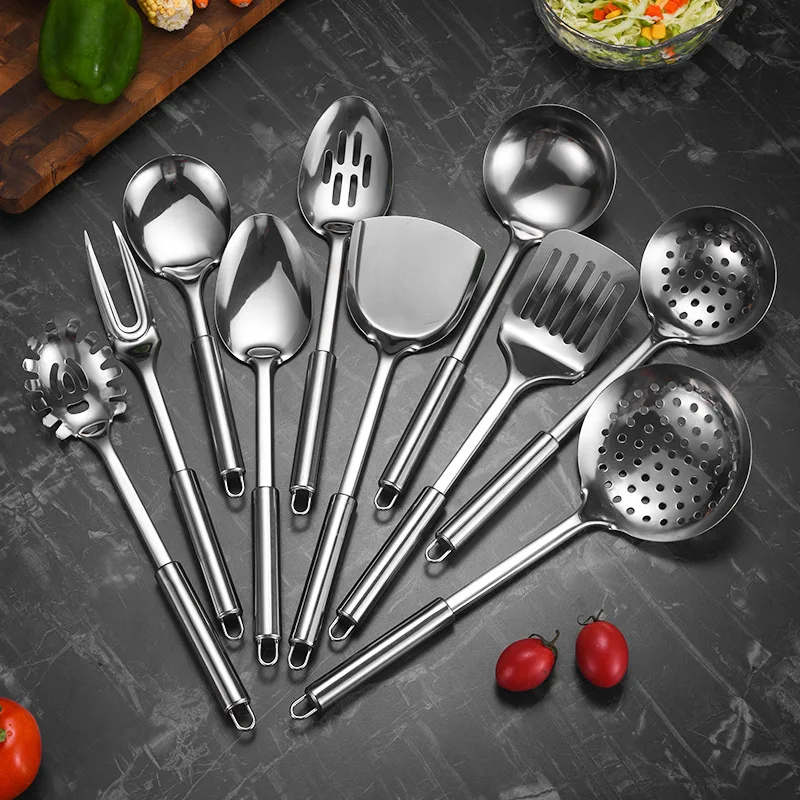 Stainless Steel 410 Kitchen Utensils Spatula Spoon Skimmer Ladle Turner Spaghetti Fork For Pot Home Kitchen Cooking Tools