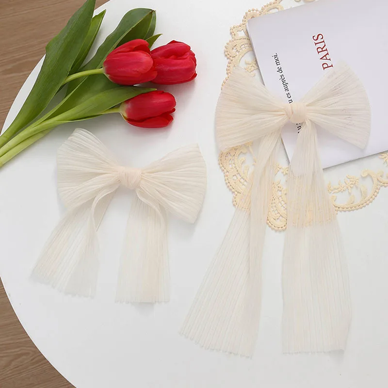 Long Super fairy white bow hair clip back head temperament silk yarn spring clip net red ribbon hair clip