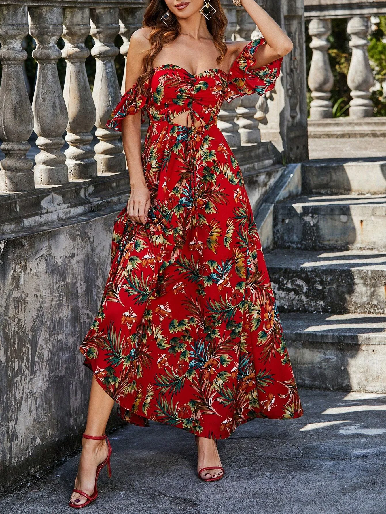 Double Crazy Floral Pattern Off-Shoulder Long Sleeve Dress