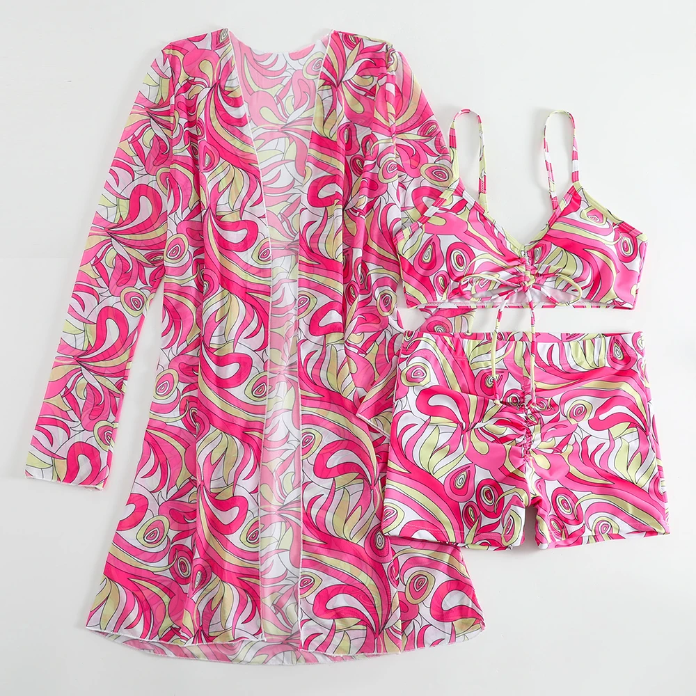 New arrivals Sexy 3 piece Bikini Set Long Sleeve Floral Print swimwear women 2022 sexy see-through bikini swimwear  for kids