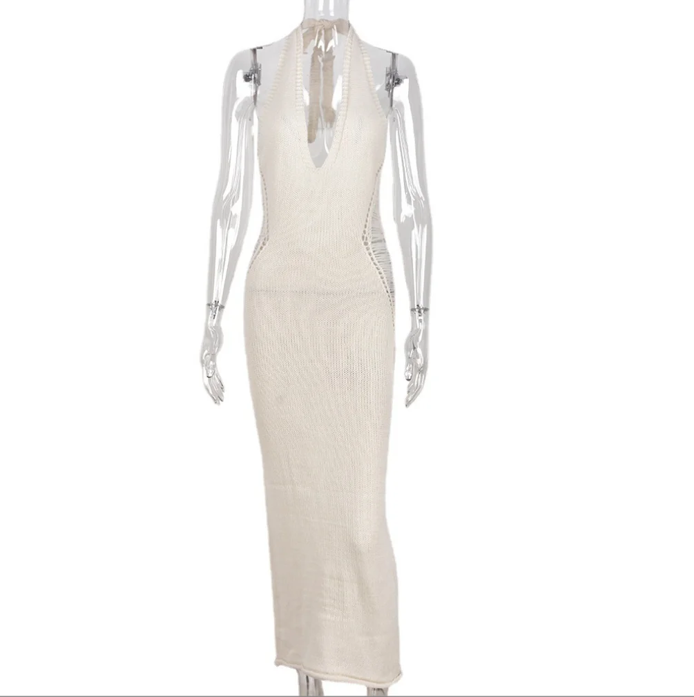 Sharee Wholesale Clothing 2023 Summer U Neck Bodycon Knitting Dresses Ladies Clothing Sleeveless Hollow Maxi Dress For Women