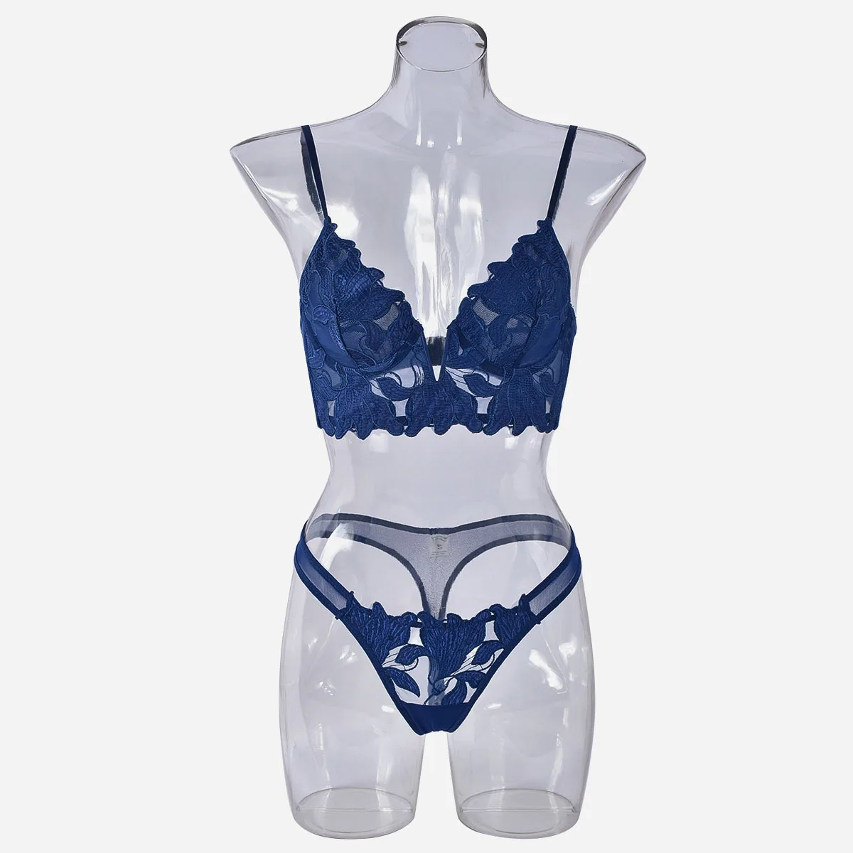 Chuangerm Oem 2024 New Fashion French Sexy Lingerie For Women Gathering Deep V Flower Embroidery Mesh Ultra-Thin Lingerie Sets