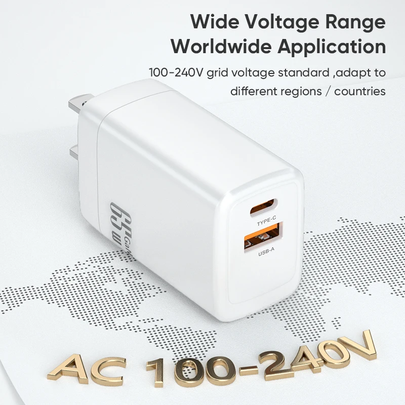 High power fast charging GaN two port output USB Type c mobile phones wall charger adapter GaN chip PD65W charger