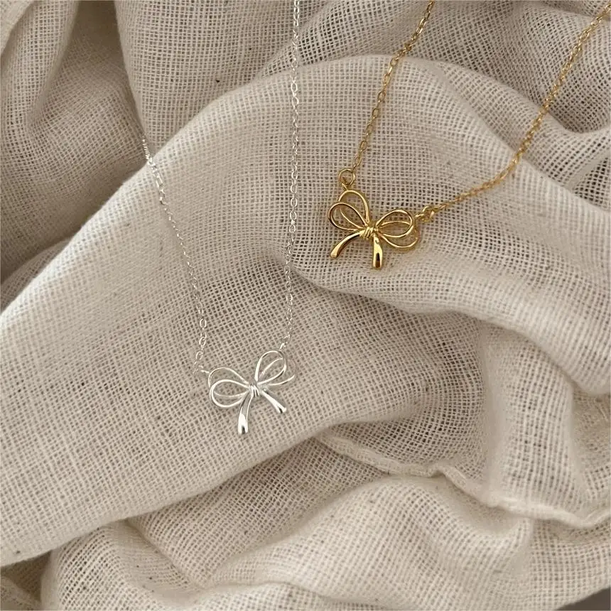 Fine Design Korea Jewelry 18k Gold Plated 925 Sterling Silver Bow Pendant Necklace Women Collarbone Chain Necklaces For Girls