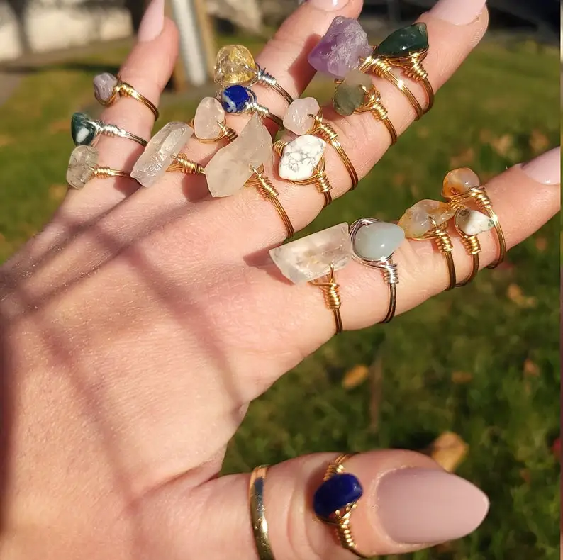 Minimalist irregular raw stone Healing crystal Wire Wrapped Amethyst carnelian gemstone ring