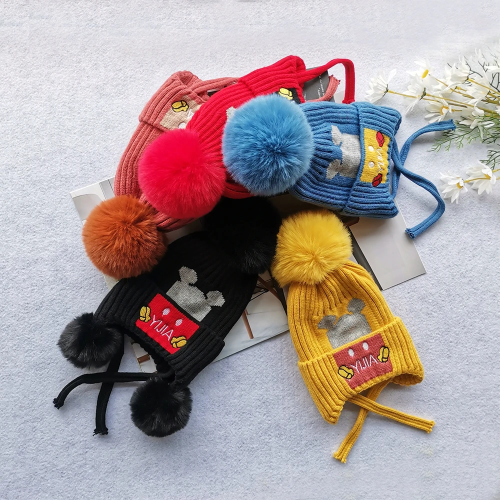 Cute Pom Pom Baby Hat Customized Pattern Children Wool Beanie Caps Ear Flap Toddler Crochet Winter Hats With Drawstring