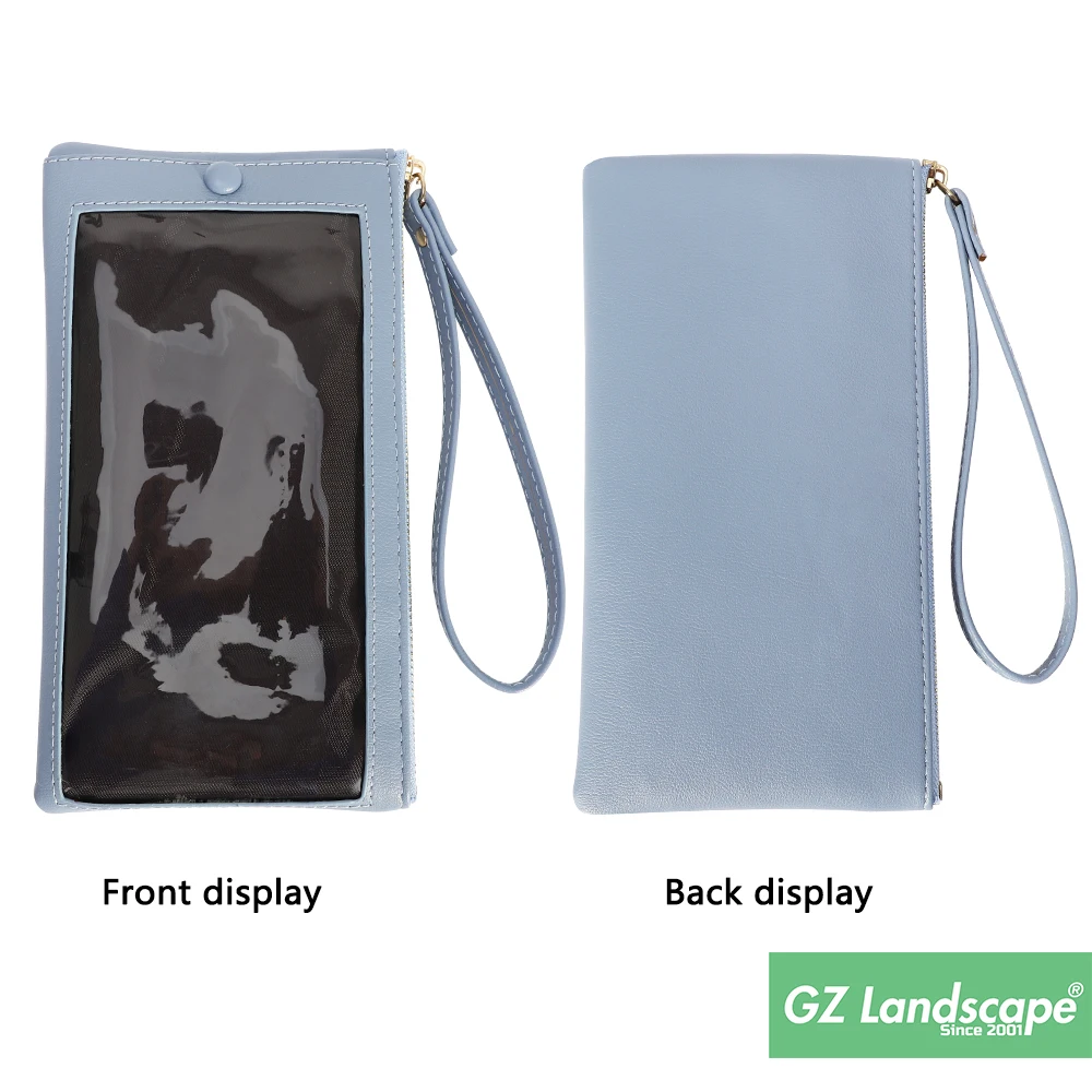 Guangzhou handbag multifunctional transparent mobile small touchable two layers purse stitch phone bag women wrist hand wallet