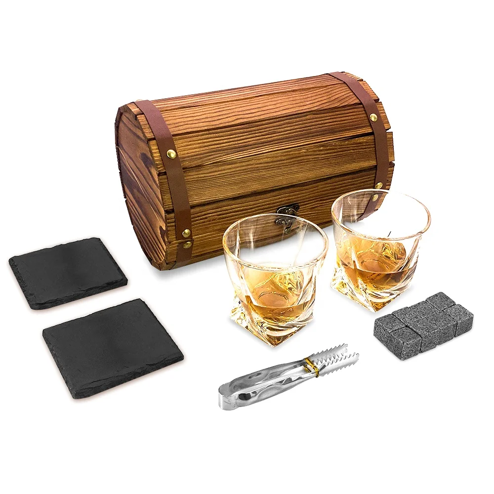 Whiskey Stones Barrel Set on Amazon Custom Logo and Package in Wooden Box Gift Set and Stones  with Glasses
