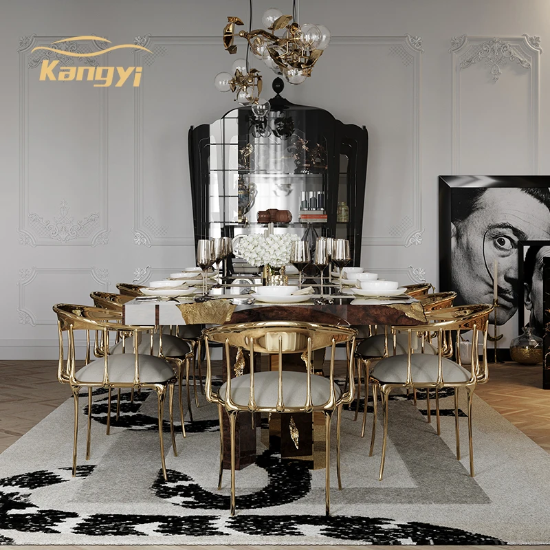 luxury style dining table walnut carving stainless steel legs frame 3.8 m long dining room furniture sets