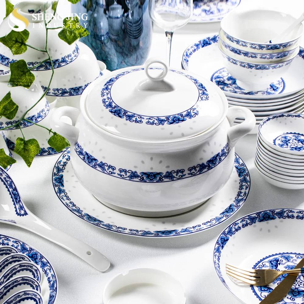 Jingdezhen Factory Bone China Blue and White Chinese Dinnerware Antique Flower Pattern Ceramic Tableware Set
