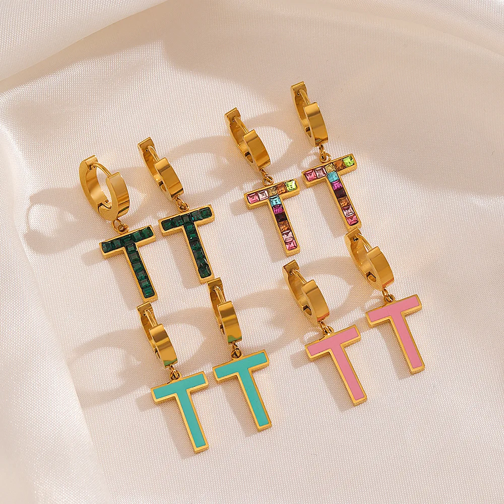 Good Quality Candy Color Enamel Cross Huggie Earrings Colorful Rhinestone CZ Stainless Steel Cross Drop Earrings for Women