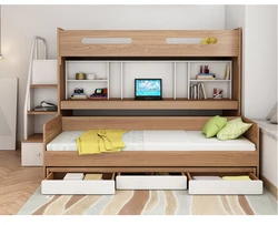 Nordic style  MDF  children there bunk bed with study table and storage drawer