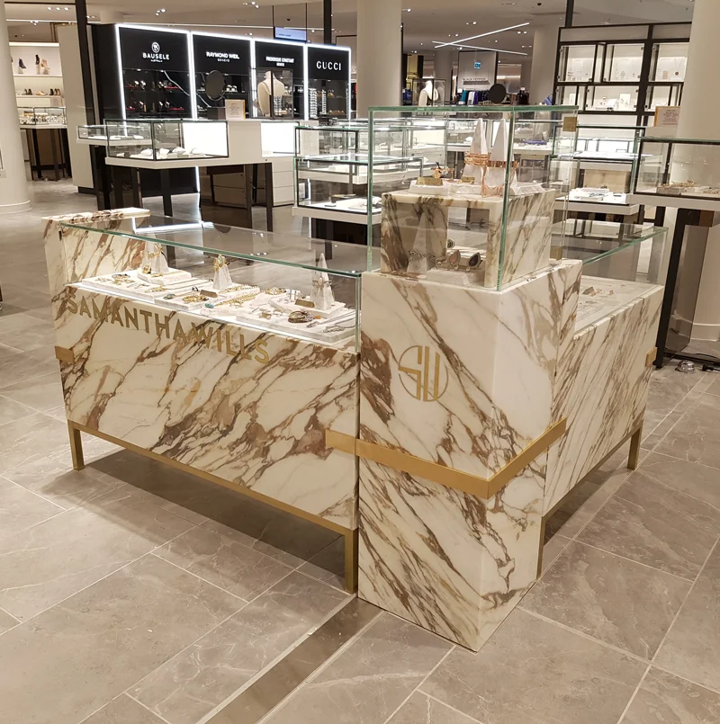 High End Luxury Golden MarbleJewelry Store Showcase Counter Design Custom Glass Jewelry Display Showcase for Retail Shop