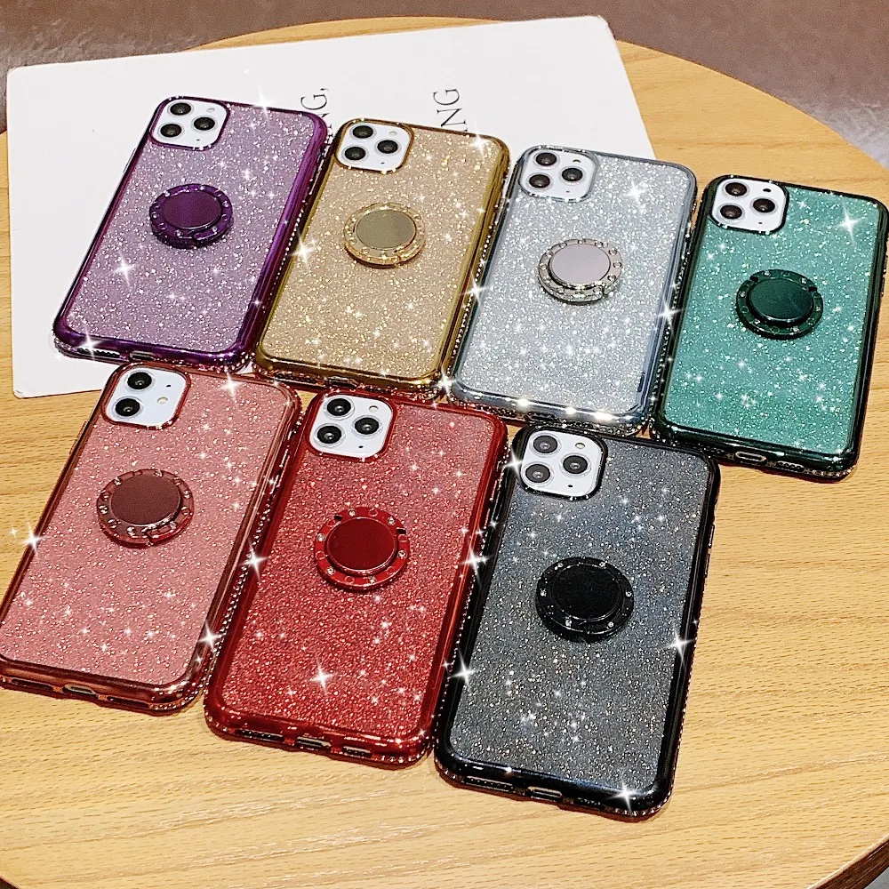 Glitter Silicone Phone Case For iPhone 13 12 11 Pro Max 8 7 6S 6 Plus Diamond Bumper Cover For iPhone XS XR Max Ring Stand Shell