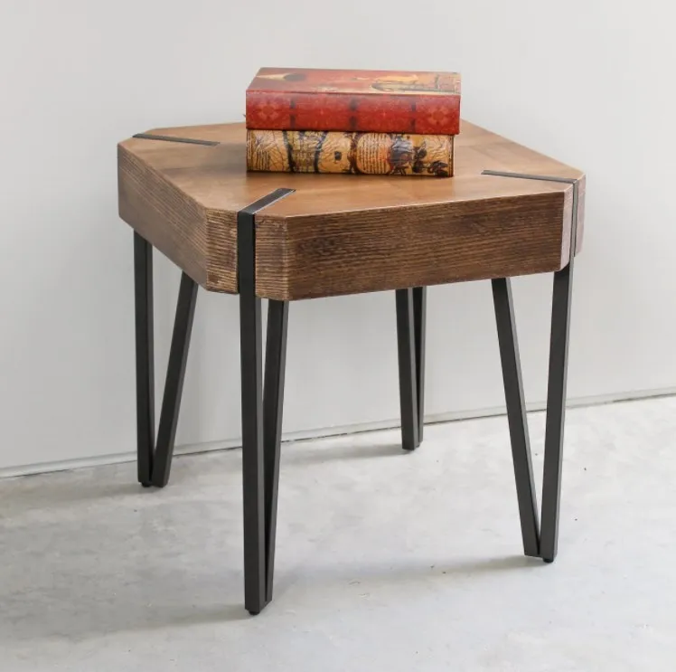 A contemporary brown solid wood square side table adds an elegantly placed balcony and garden to the living room