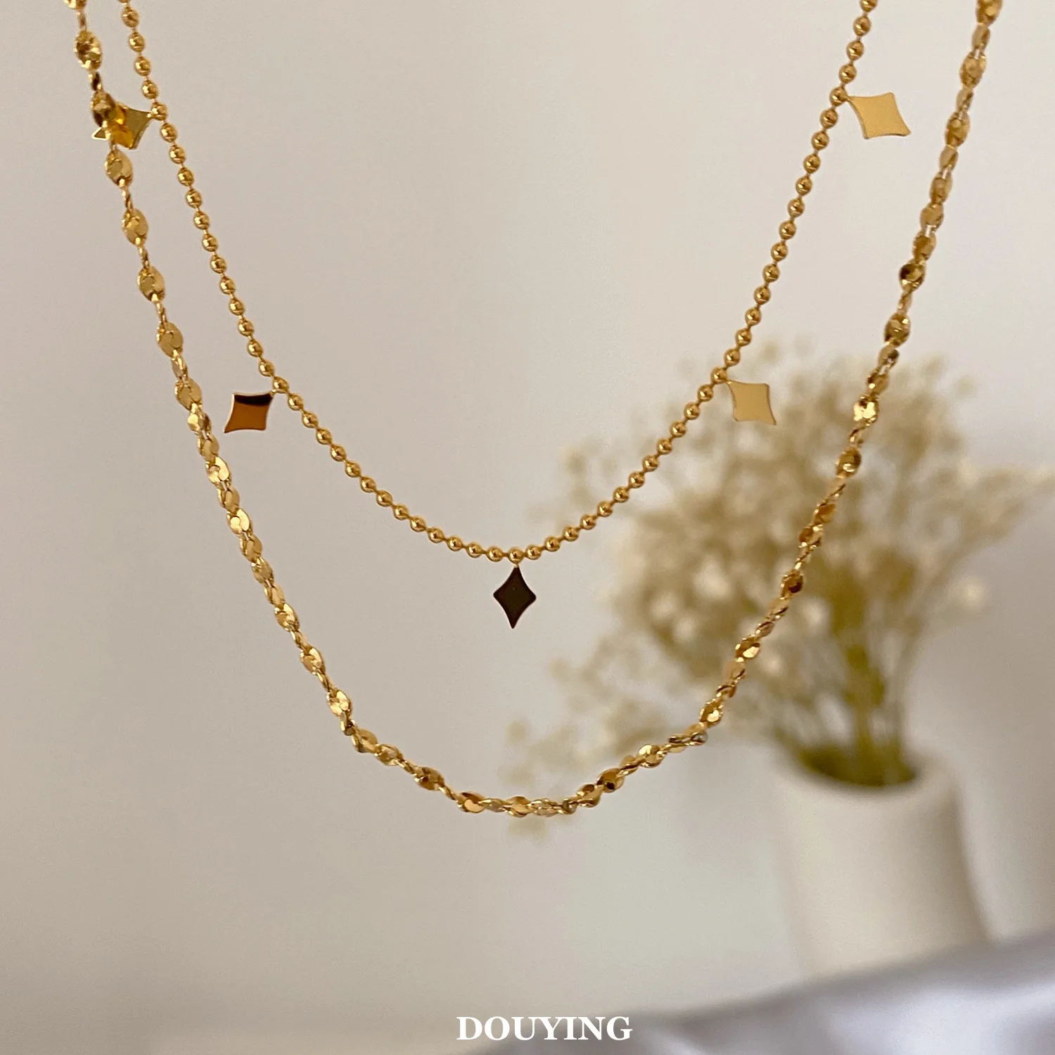 French Hot Stainless Steel Necklace Gold Geometric Star Beads Chain Necklace Tarnish Free Double Layer Shinny Choker Necklace