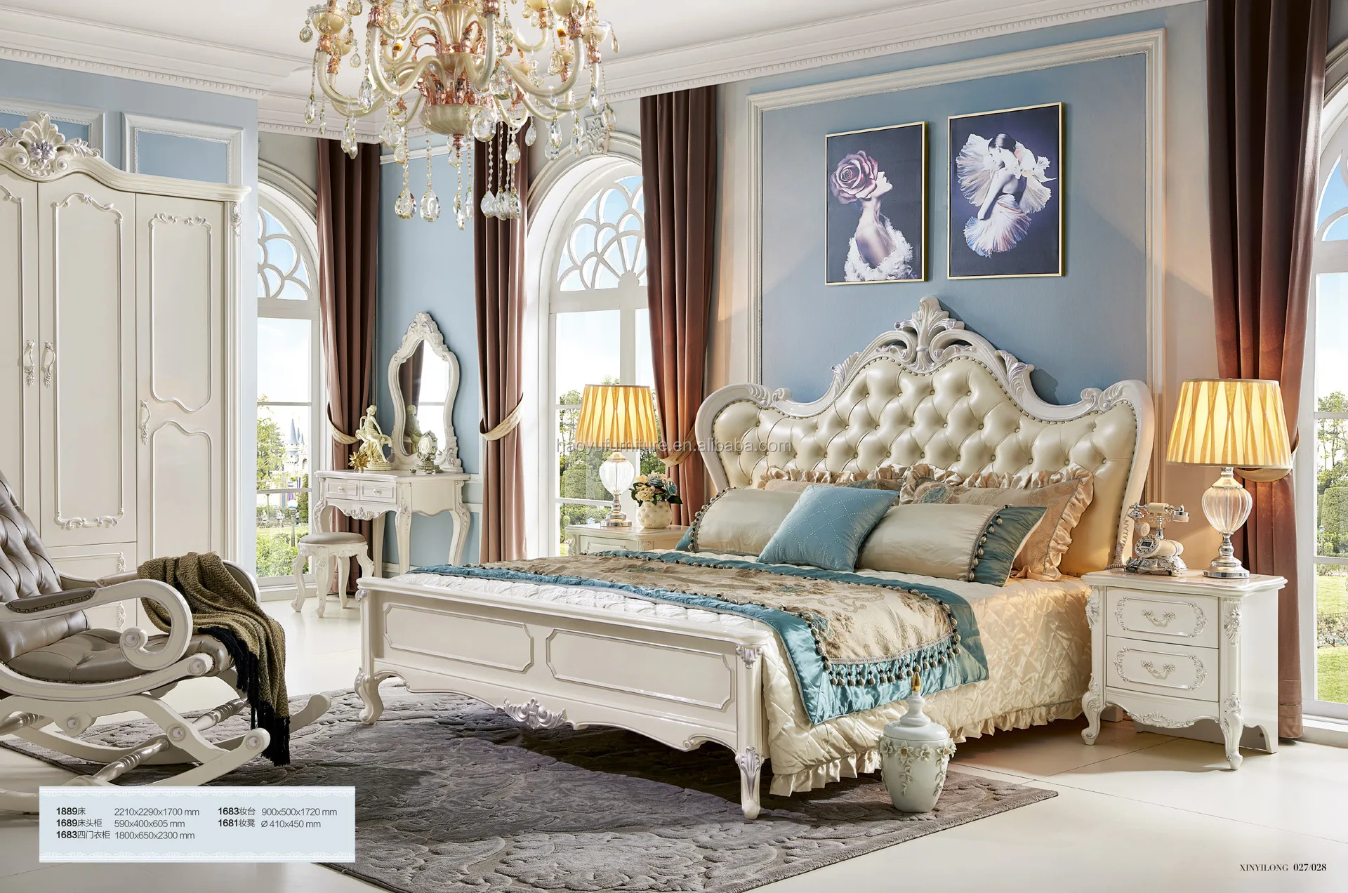 1603#Antique Luxury European Baroque Bed French Provincial Wedding Hand Carved Wooden MDF Bedroom Set Cardboardfurniture