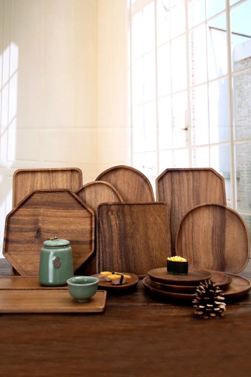 Guan sen top quality Luxury  Wooden Biodegradable   Breakfast Buffet Burger Cake Butter Candy Dish Carve Cheese Wood Plate