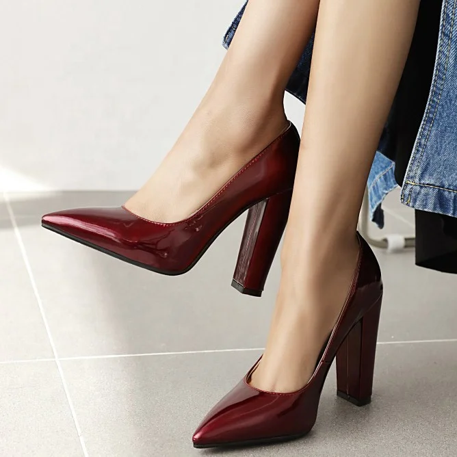 Reflective Upper Office Lady Slip-on Chunky Heel Women Dress Shoes Ladies Pointed Toe Low Cut Dating Pumps Large Size 43