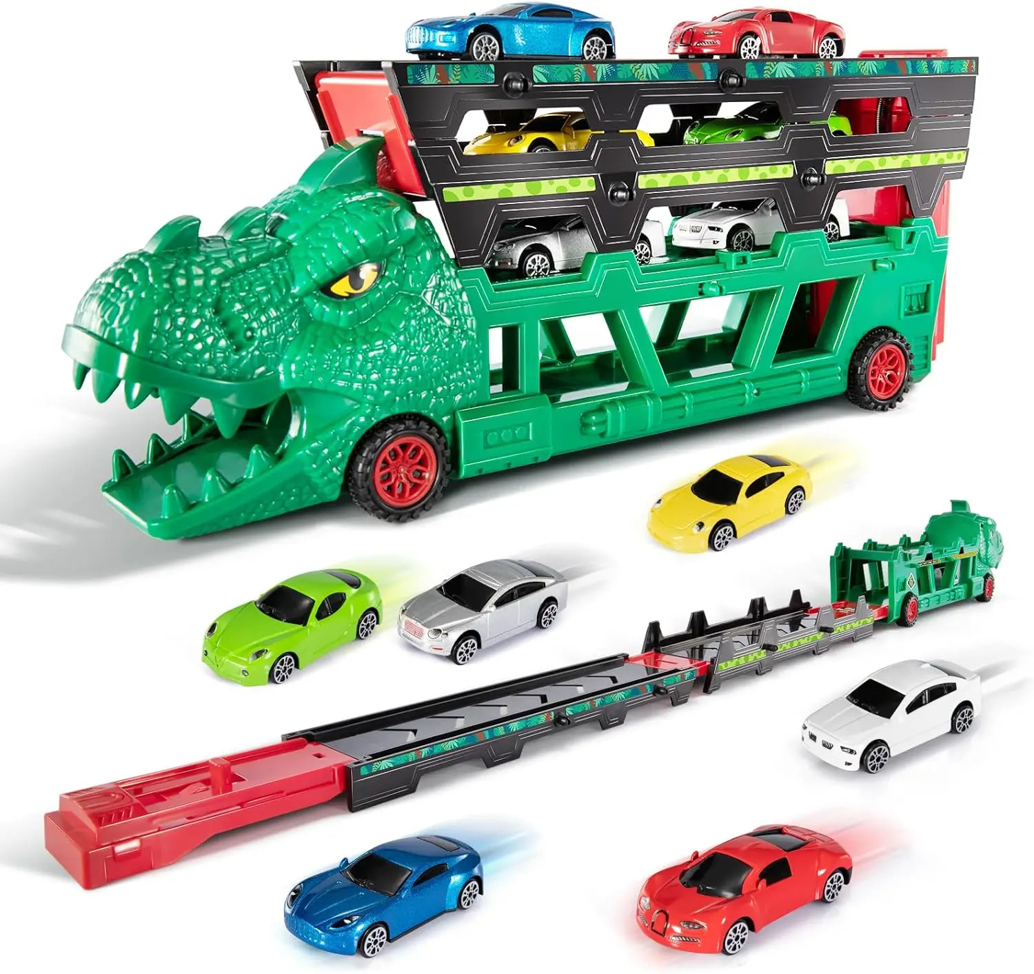 Грузовик TEMI 2 в 1 T-rex для хранения 6 шт. литой автомобиль 1:64 4 уровня грузовик динозавров 38 дюймов катапультирование гоночная трасса