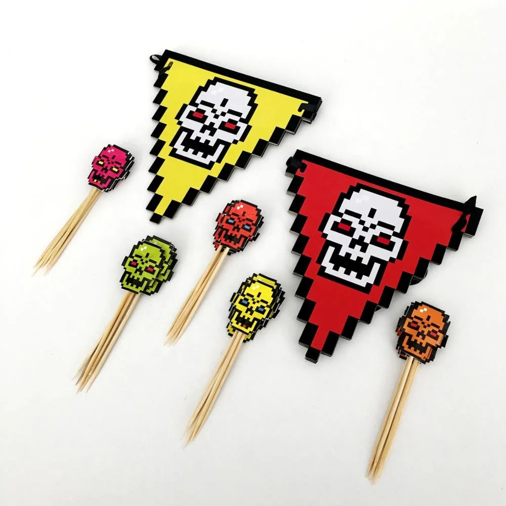 2018 Halloween Skeleton theme Pixels Style Decoration kit banner& cupcake toppers, triangle banner flags