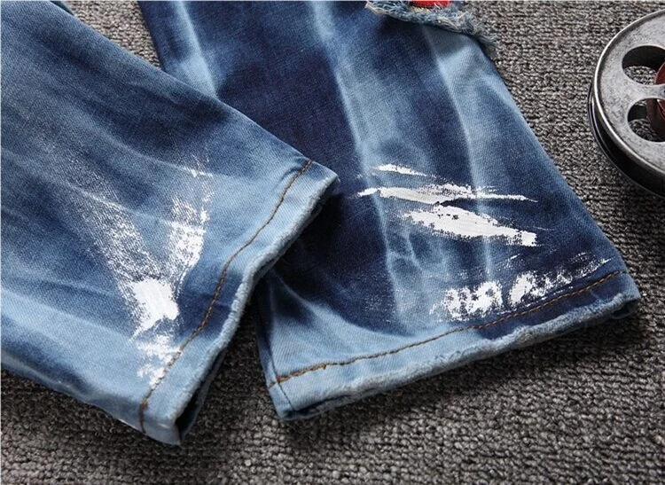 Custom Biker Pattern Pants Trouser Ripped Straight Patchwork Printing Fabric Inside Waist Rivet Streetwear Punk Men Torn Jeans