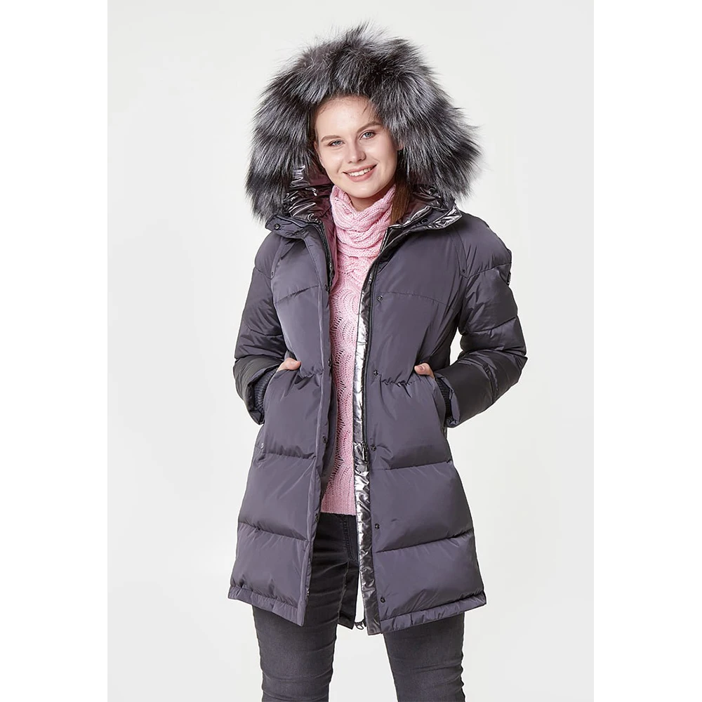 Natural goose down winter jacket for women with luxury fur hood/ Classic silhouette ladies winter zipper coat for cold weather
