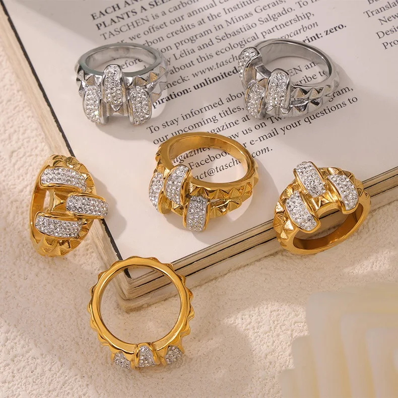Fashion Stainless Steel 18k Gold-plated Textured Ring Ins Style Light Luxury Geometric Irregular Cubic Zirconia Ring For Women