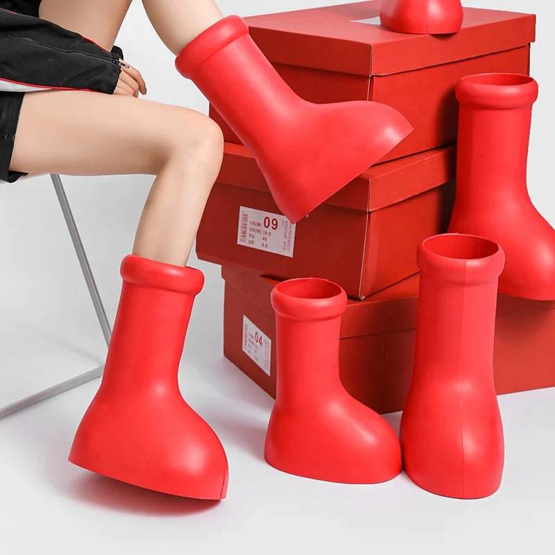 2023 New Kid Women Men Rubber Upper Long Luxury Designer Boy Boots Trendy Plastic Rubber Big Red Boot