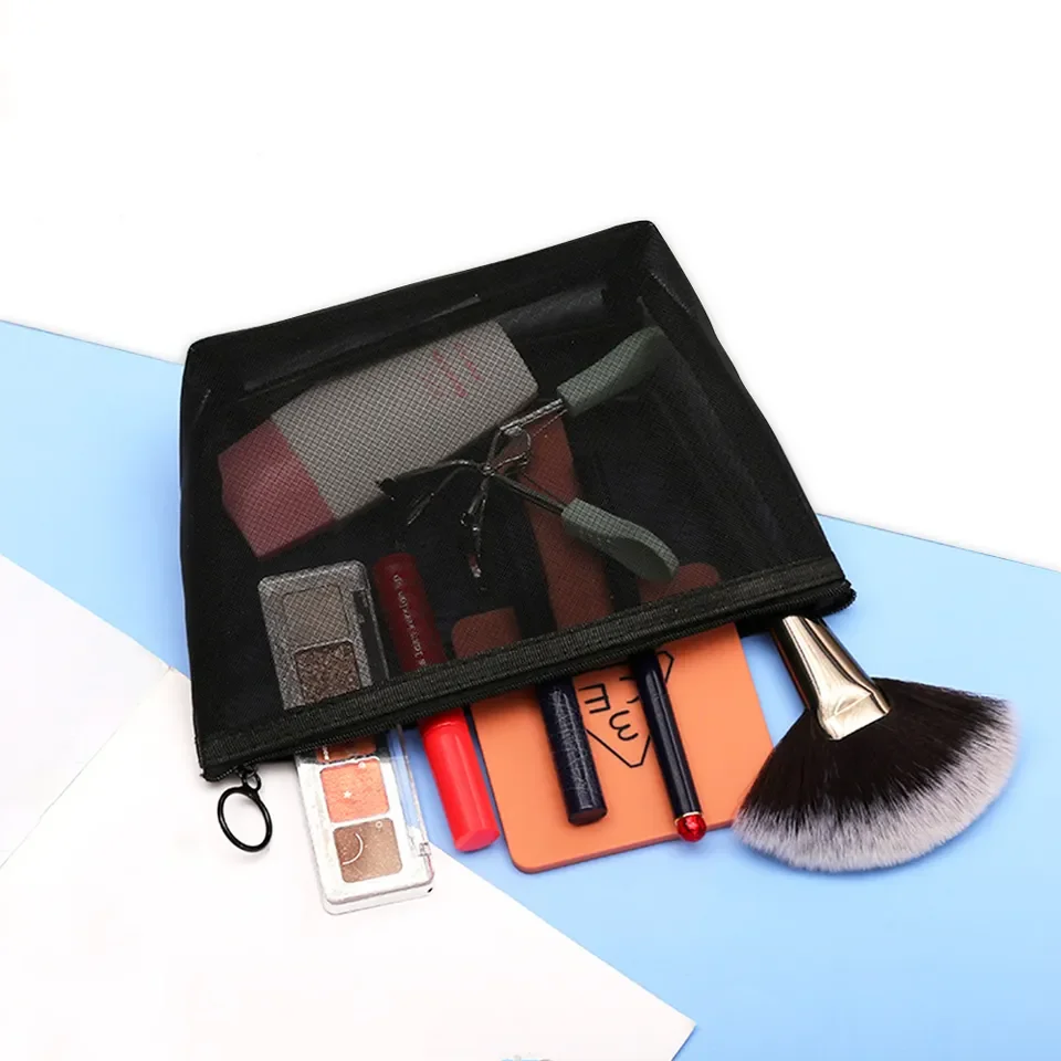 MU Mesh Fabric Bag Zippered Black Travel Clear Plastic Hand Shell Wide Opening Recyclable Heat Seal Cosmetic Bag