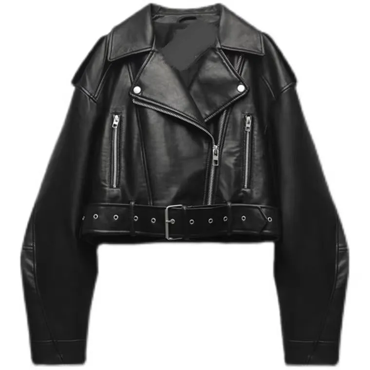 Women Pu Jacket Long Sleeve Zipper Lapel Spring Autumn Clothing Street Pu Leather Short Coat Motorcycle Clothing Leather Jacket