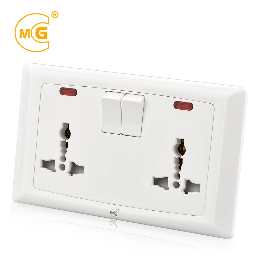 Good Quality UK 13A Multi Pin Electric Double Universal Wall Switched Socket With Neon