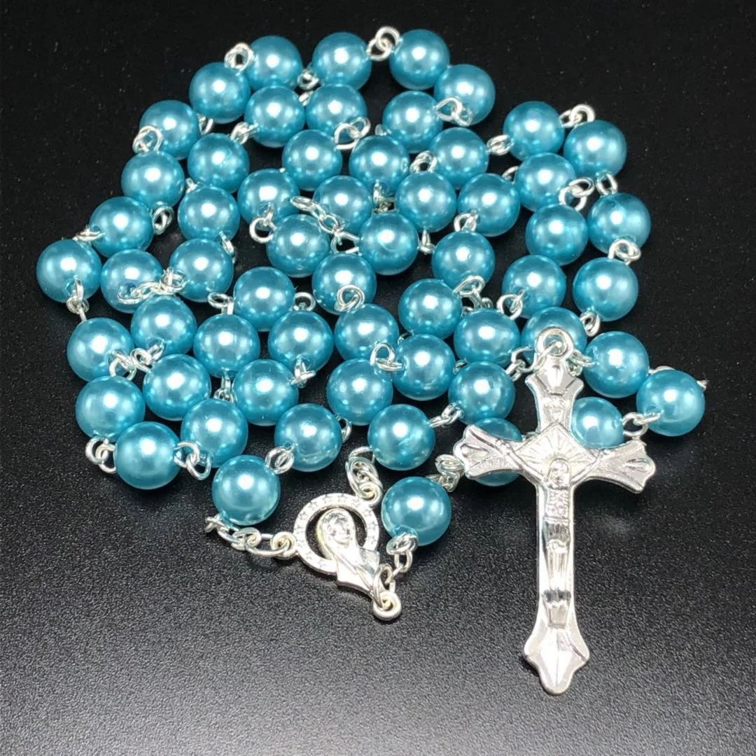 8mm ABS Pearl Rosary Cheap Plastic Necklace With Virgin Mary Center and Jesus Cross