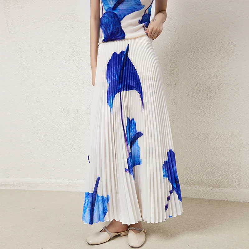 Manufacturer Wholesale High Quality Printed Pleated Skirt Women 2022 Summer Printing Elastic Waist Long Pleated Skirts Elegant