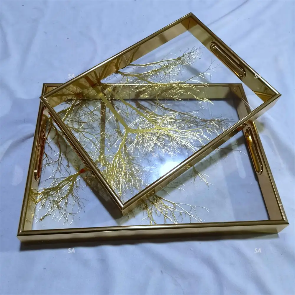 Luxury gold leaves unique design set of 2  matching glass home decorative tray serving tray