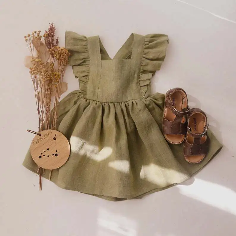 Factory High Quality Fashion Sleeveless Clothing Baby Girls Party Frill Flare Dress Frock Linen Kids Dress