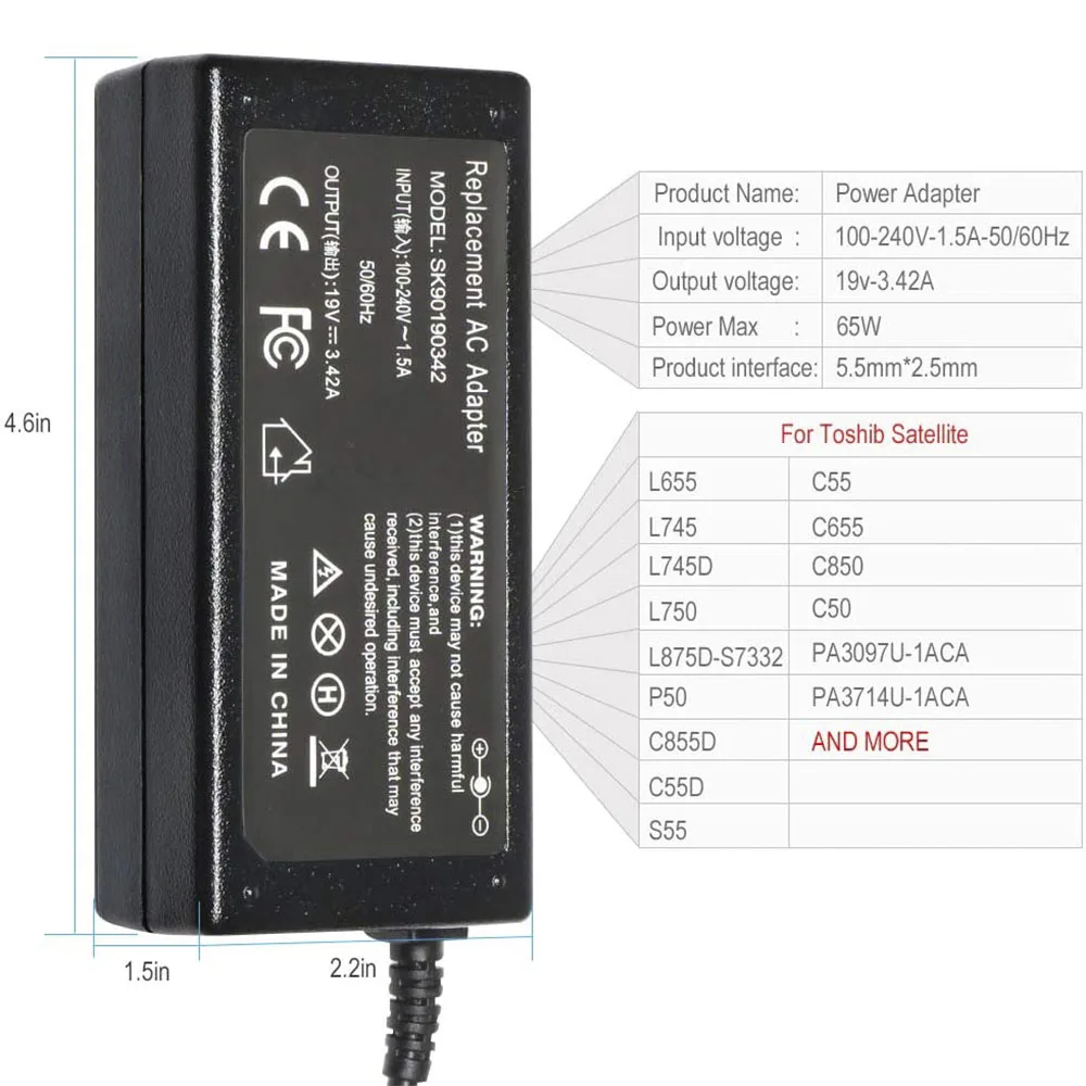 Oem 65W 19V 3.42A 5.5*2.5 220-240V Laptop Ac Adapter 65W Charger For Lenovo Toshiba Asus