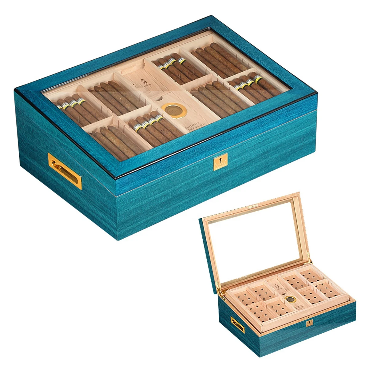 Blue Piano Coating Transparent Top wood Lined Storage Box Spanish Cedar Tray Divider cigar cases/humidors  cabinet with lock (1600426084510)